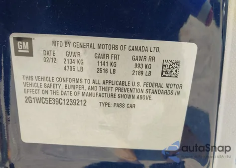 2012 Chevrolet Impala Ltz from USA, damaged, VIN 2G1WC5E39C1239212
